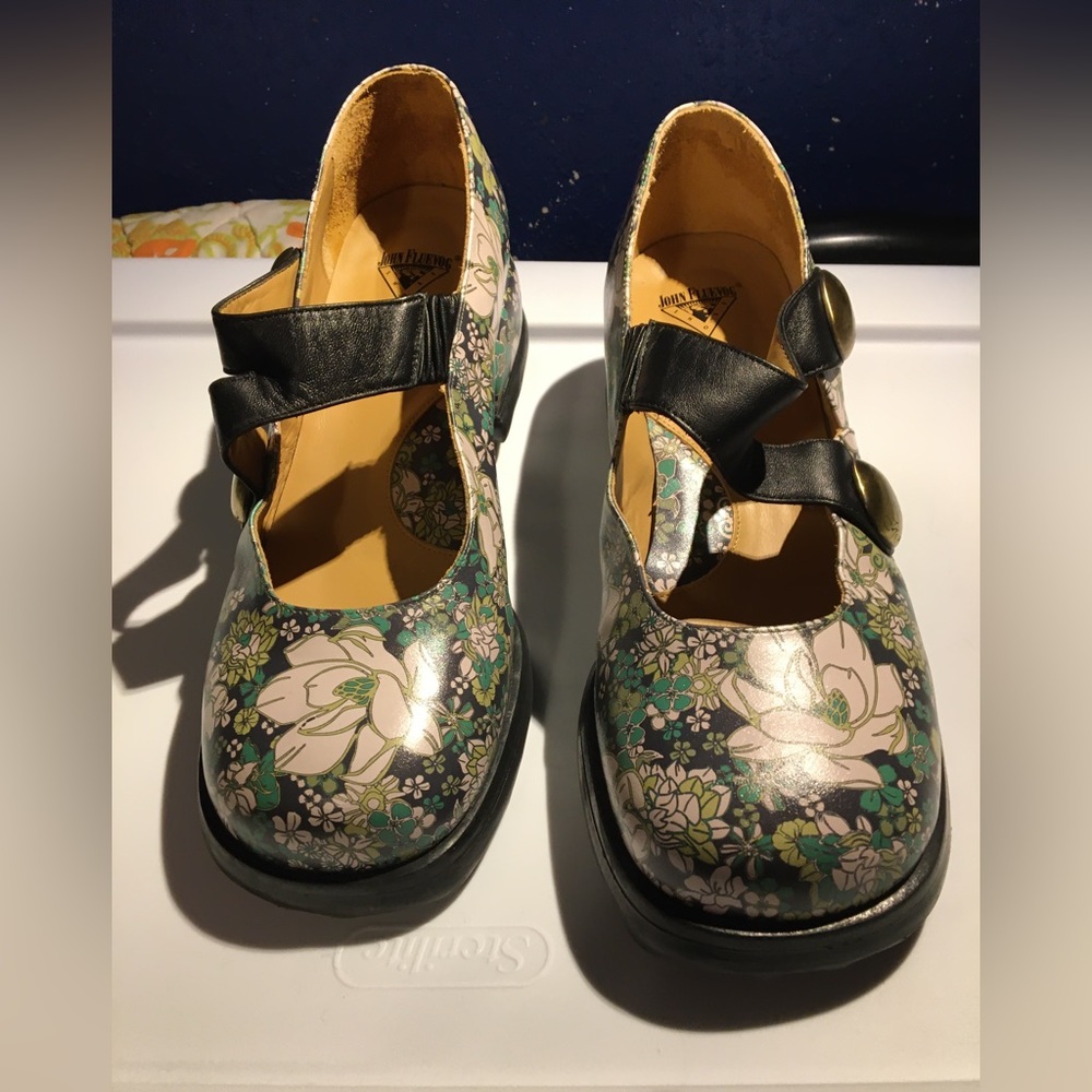 John Fluevog Floral Mary Jane Shoes - Black and Green